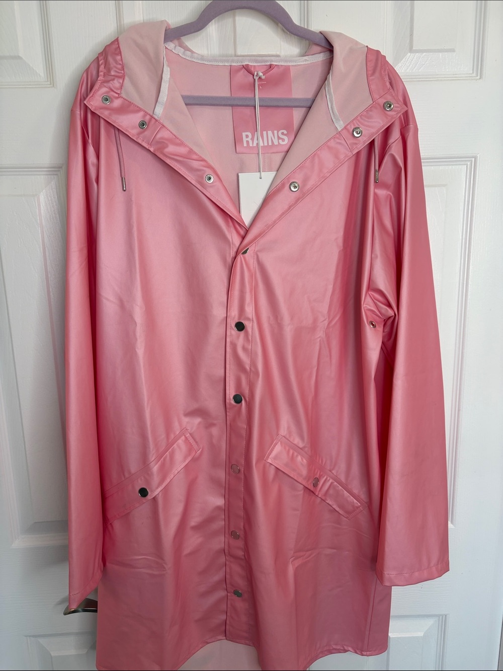 RAINS LONG RAIN JACKET TRENCH IN PINK SKY WITH HOOD UNISEX COASTAL CHIC SZ LARGE - Picture 8 of 13